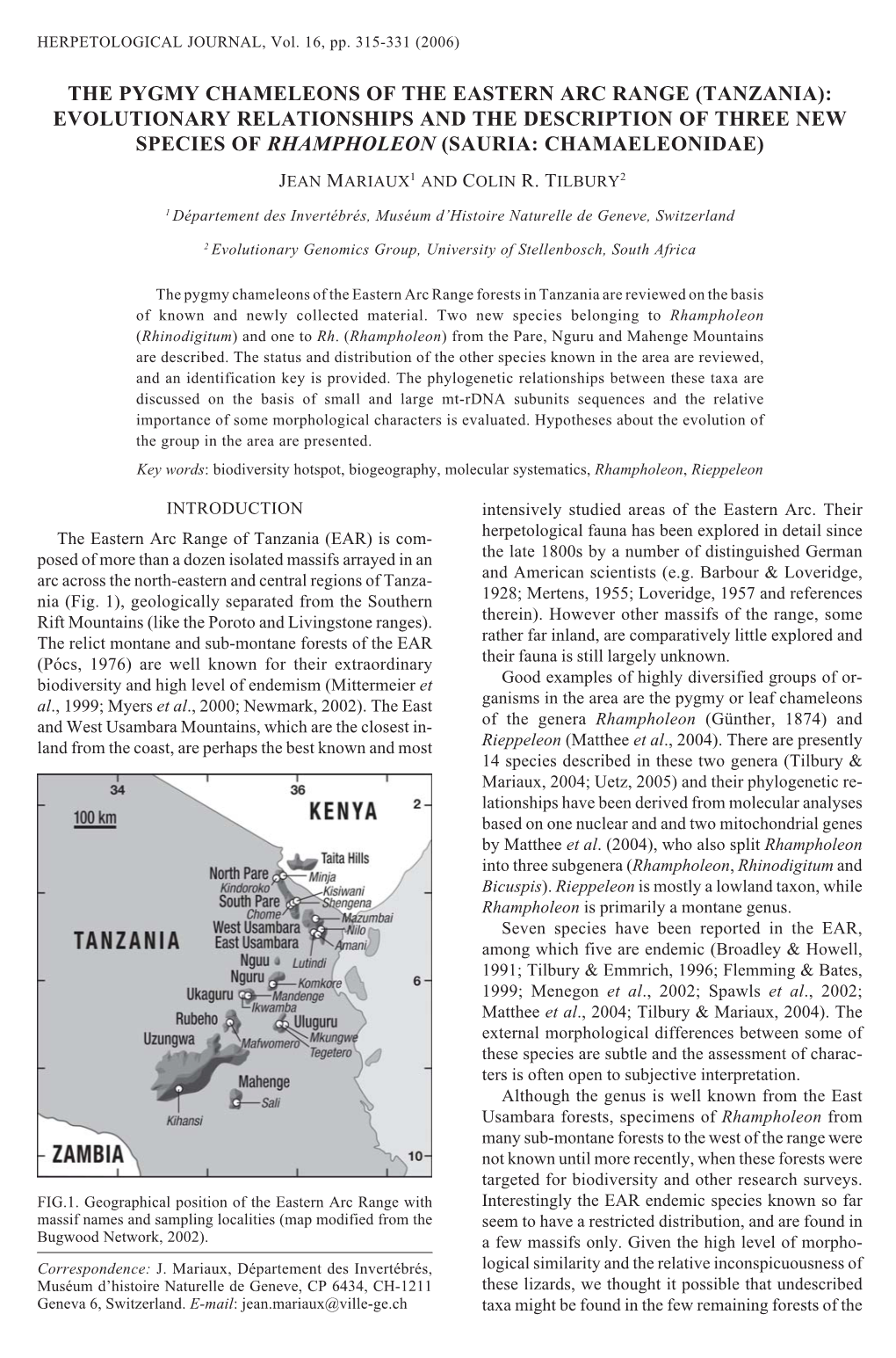 Tanzania): Evolutionary Relationships and the Description of Three New Species of Rhampholeon (Sauria: Chamaeleonidae)