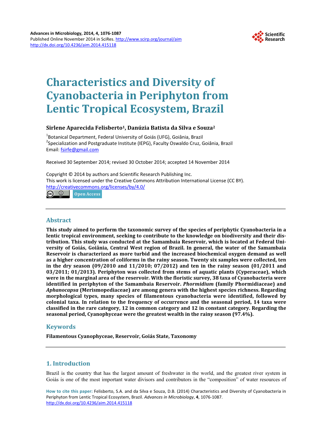 Characteristics and Diversity of Cyanobacteria in Periphyton from Lentic Tropical Ecosystem, Brazil