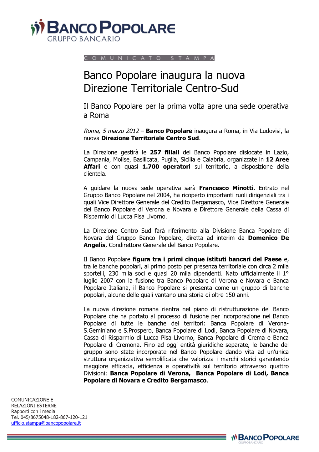 Banco Popolare Inaugura La Nuova Direzione Territoriale Centro-Sud