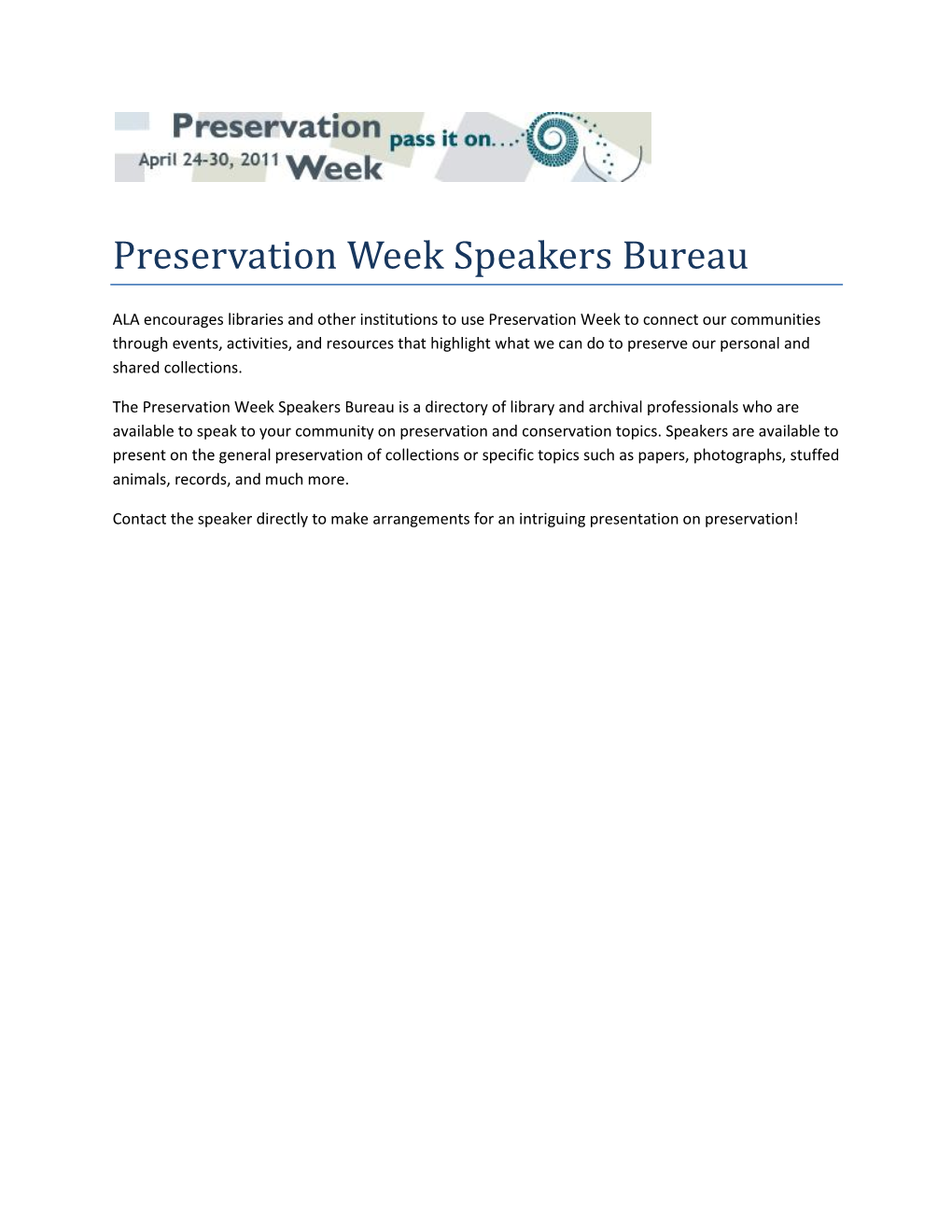 Preservation Week Speakers Bureau
