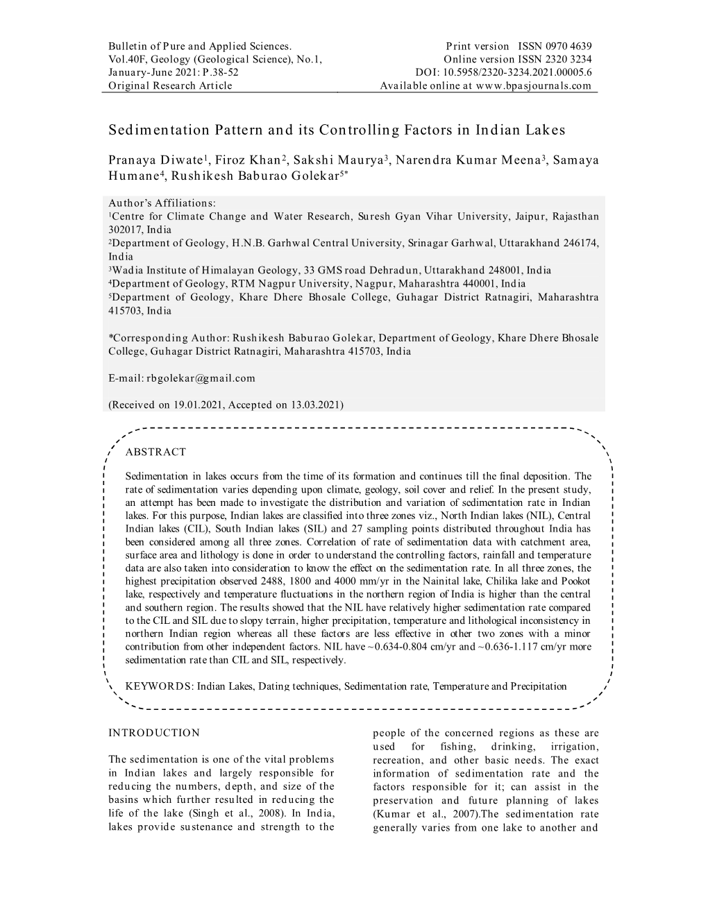 Sedimentation Pattern and Its Controlling Factors in Indian Lakes