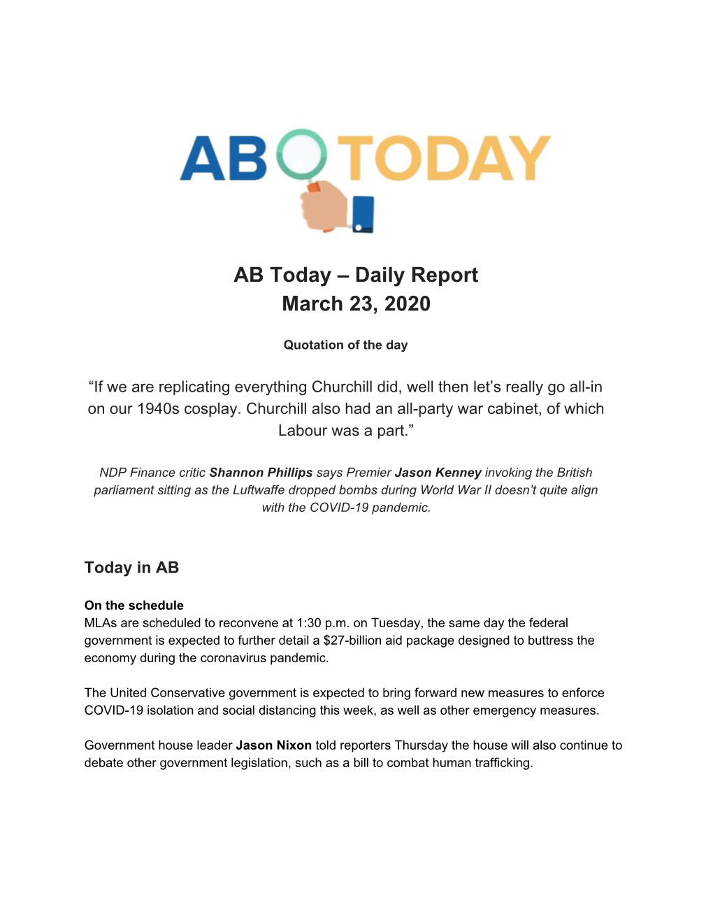 AB Today – Daily Report March 23, 2020
