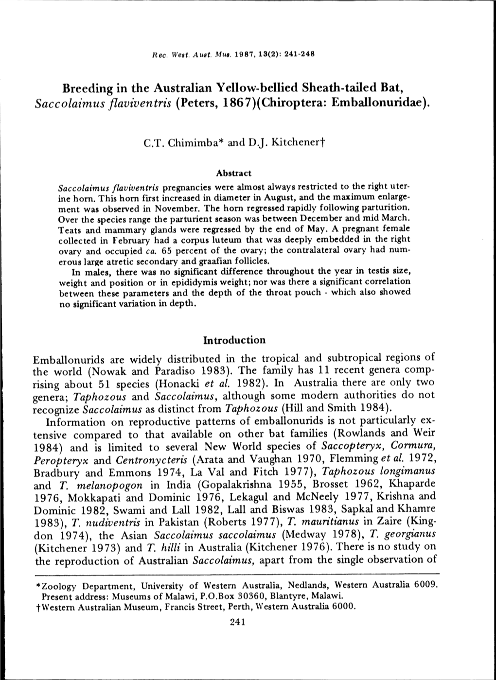 Breeding in the Australian Yellow-Bellied Sheath-Tailed Bat, Saccolaimus Flaviventris (Peters, 1867)(Chiroptera: Emballonuridae)