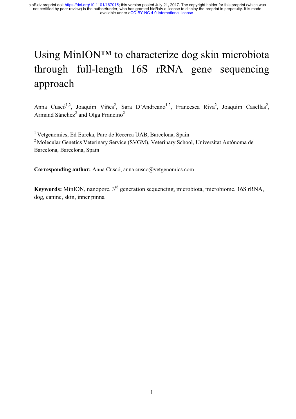 Using Minion™ to Characterize Dog Skin Microbiota Through Full-Length 16S Rrna Gene Sequencing Approach