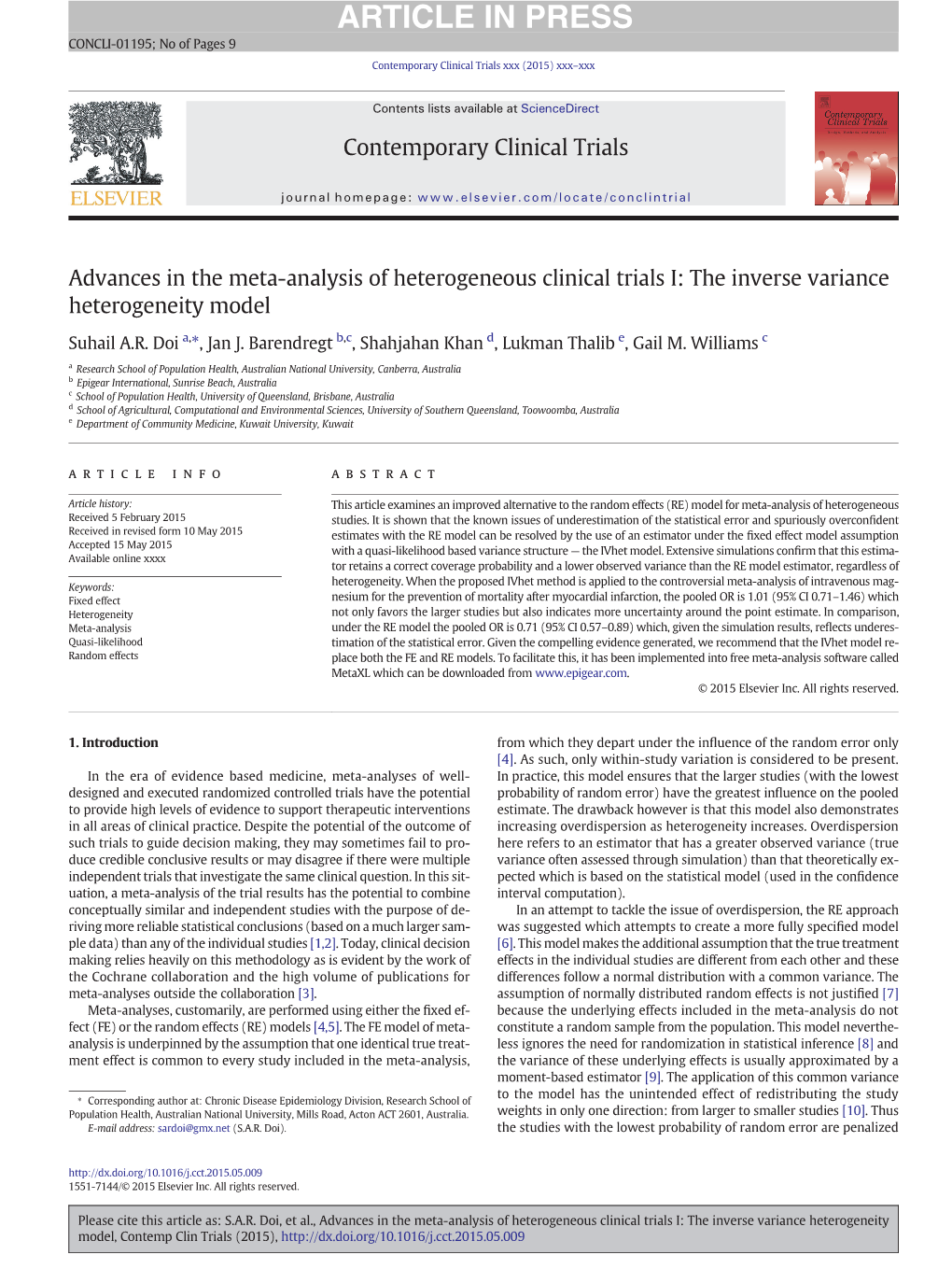 Advances in the Meta-Analysis of Heterogeneous Clinical Trials I: the Inverse Variance Heterogeneity Model