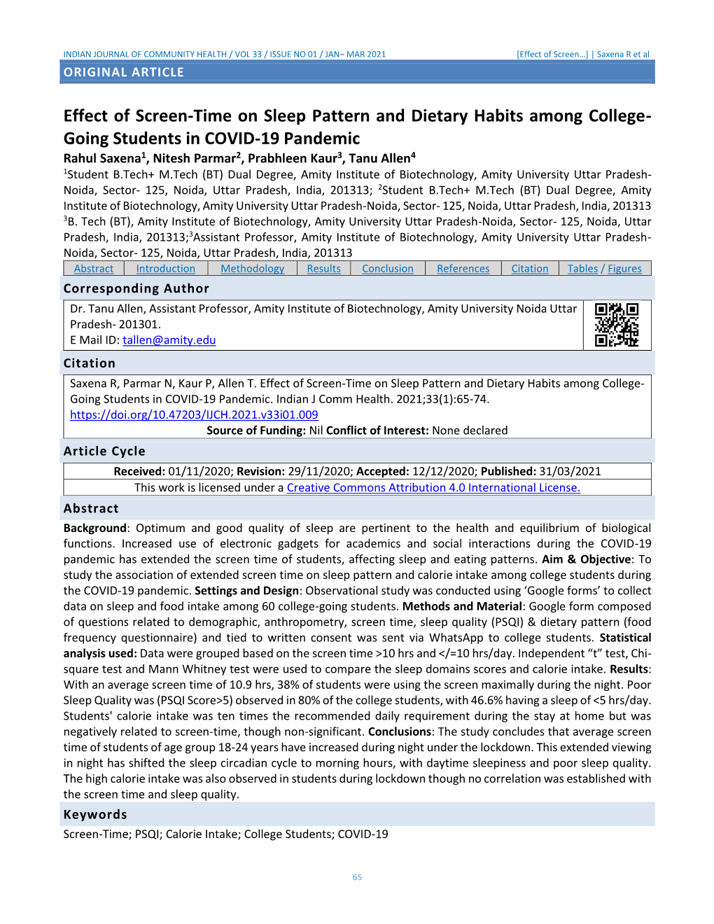 Effect of Screen-Time on Sleep Pattern and Dietary Habits Among