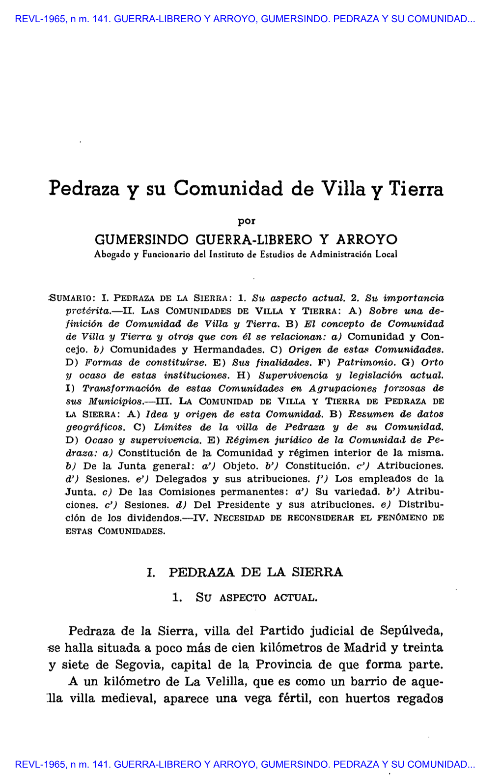 REVL-1965, Núm. 141. GUERRA-LIBRERO Y ARROYO, GUMERSINDO. PEDRAZA Y SU COMUNIDAD DE VILLA Y TIERRA