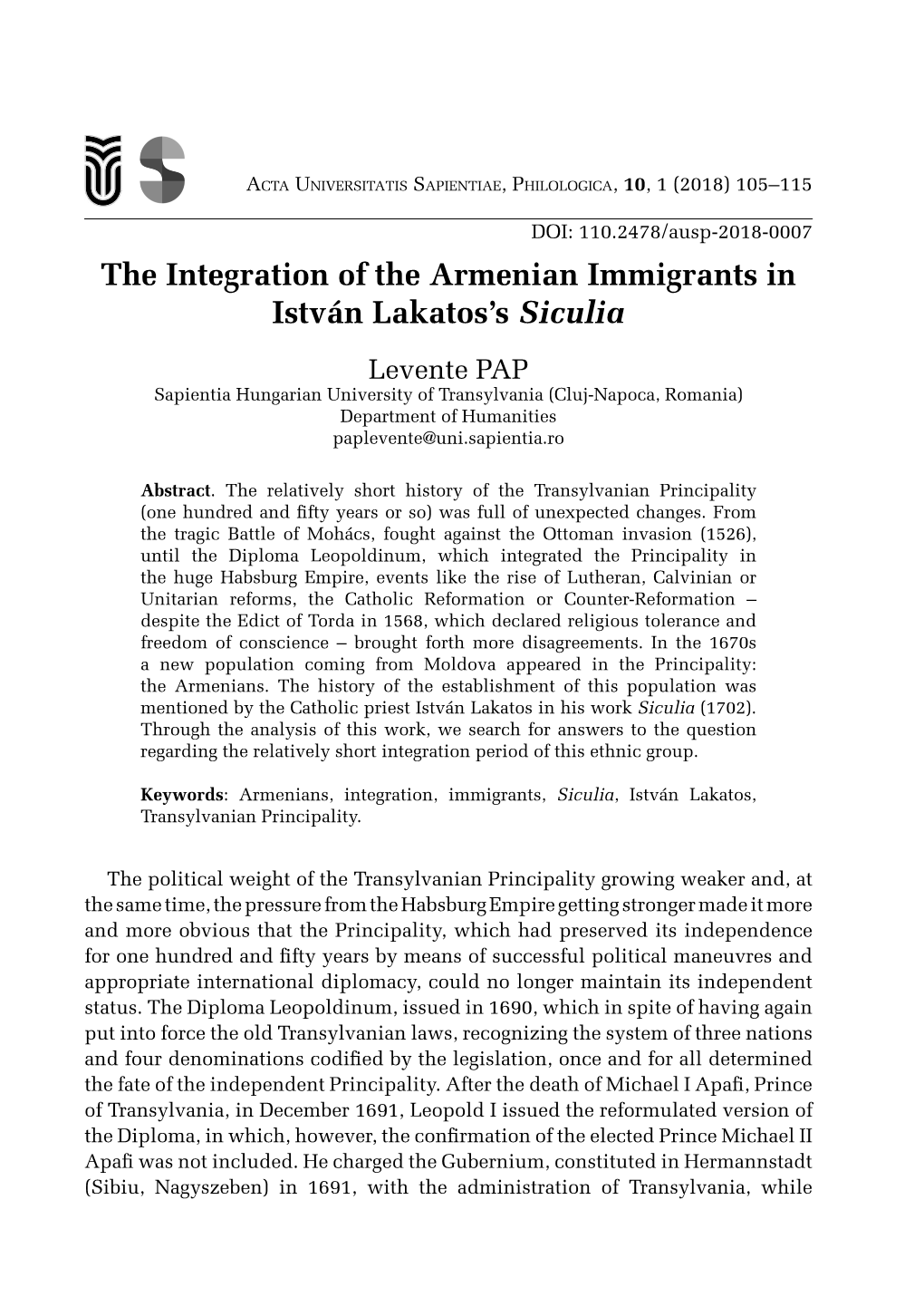 The Integration of the Armenian Immigrants in István Lakatos's Siculia