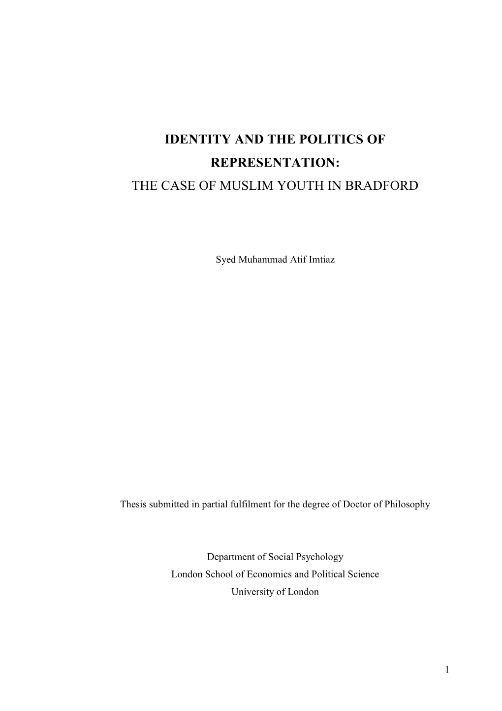 Identity and the Politics of Representation: the Case of Muslim Youth in Bradford