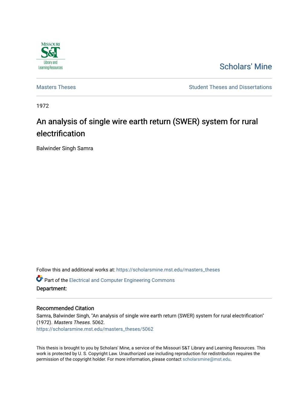 An Analysis of Single Wire Earth Return (SWER) System for Rural Electrification