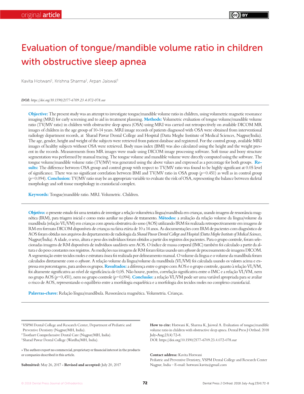 Evaluation of Tongue/Mandible Volume Ratio in Children with Obstructive Sleep Apnea