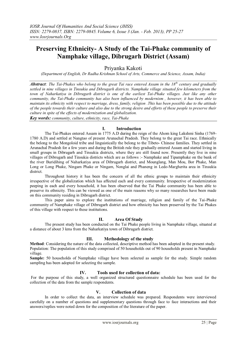 A Study of the Tai-Phake Community of Namphake Village, Dibrugarh District (Assam)