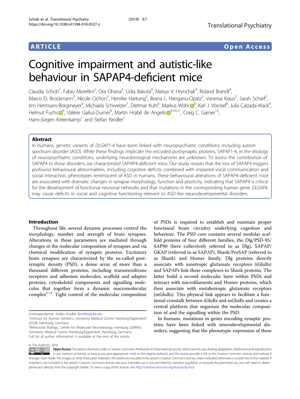 Cognitive Impairment and Autistic-Like Behaviour in SAPAP4-Deficient Mice