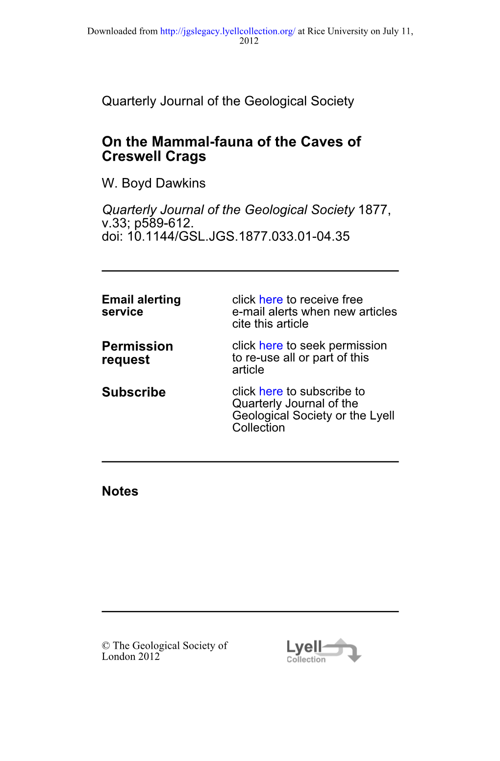 Creswell Crags on the Mammal-Fauna of the Caves Of