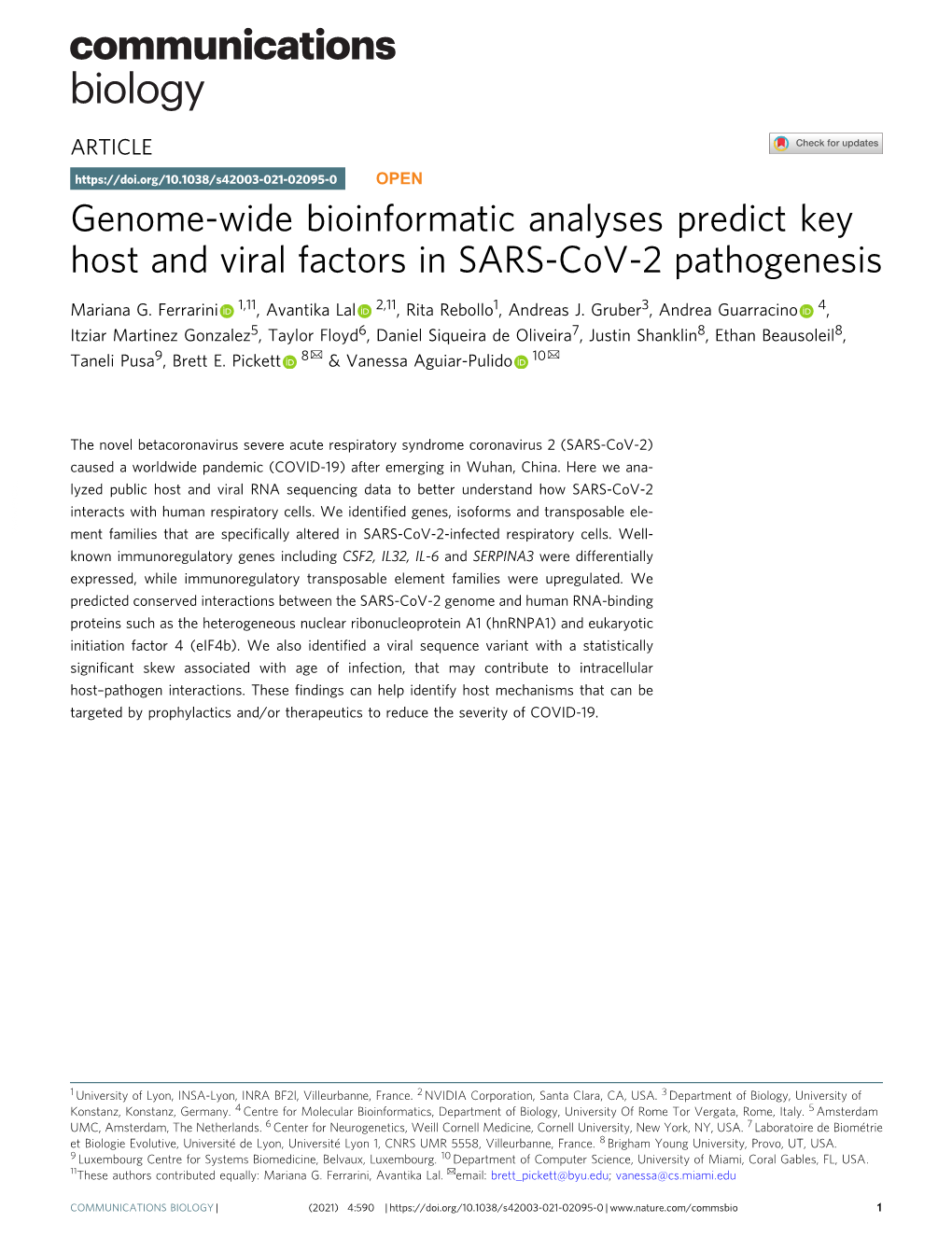 Genome-Wide Bioinformatic Analyses Predict Key Host and Viral Factors in SARS-Cov-2 Pathogenesis