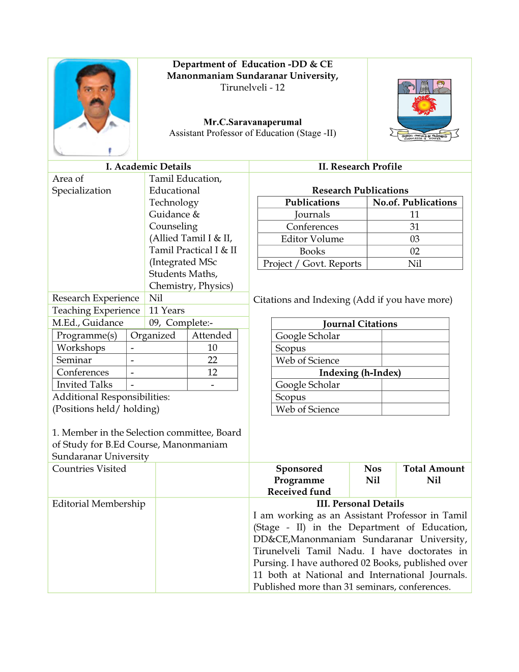 Department of Education -DD & CE Manonmaniam Sundaranar University, Tirunelveli