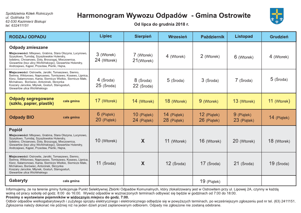 Harmonogram Wywozu Odpadów Gmina Ostrowite