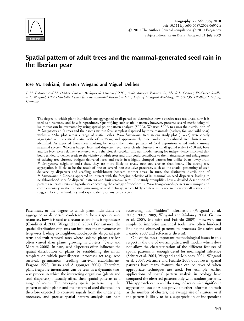 Spatial Pattern of Adult Trees and the Mammal‐Generated Seed Rain In