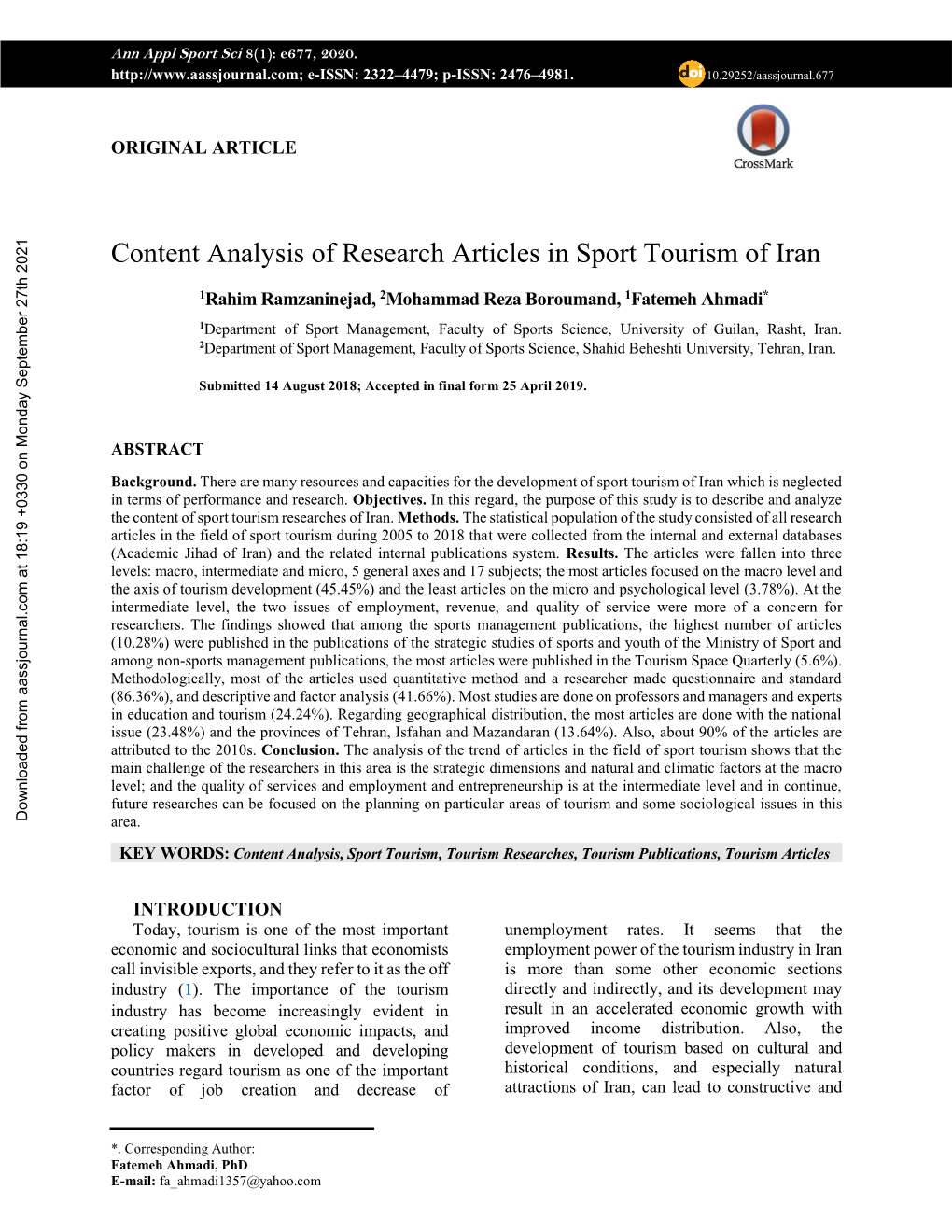 Content Analysis of Research Articles in Sport Tourism of Iran