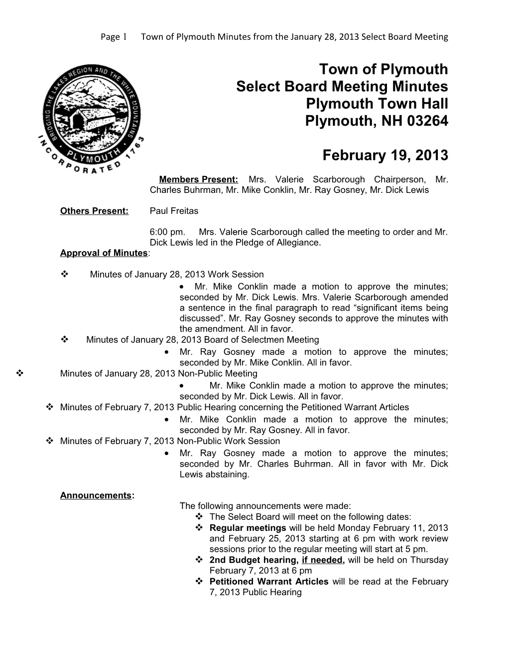 Town of Plymouth Minutes from the September 24, 2012 Select Board Meeting