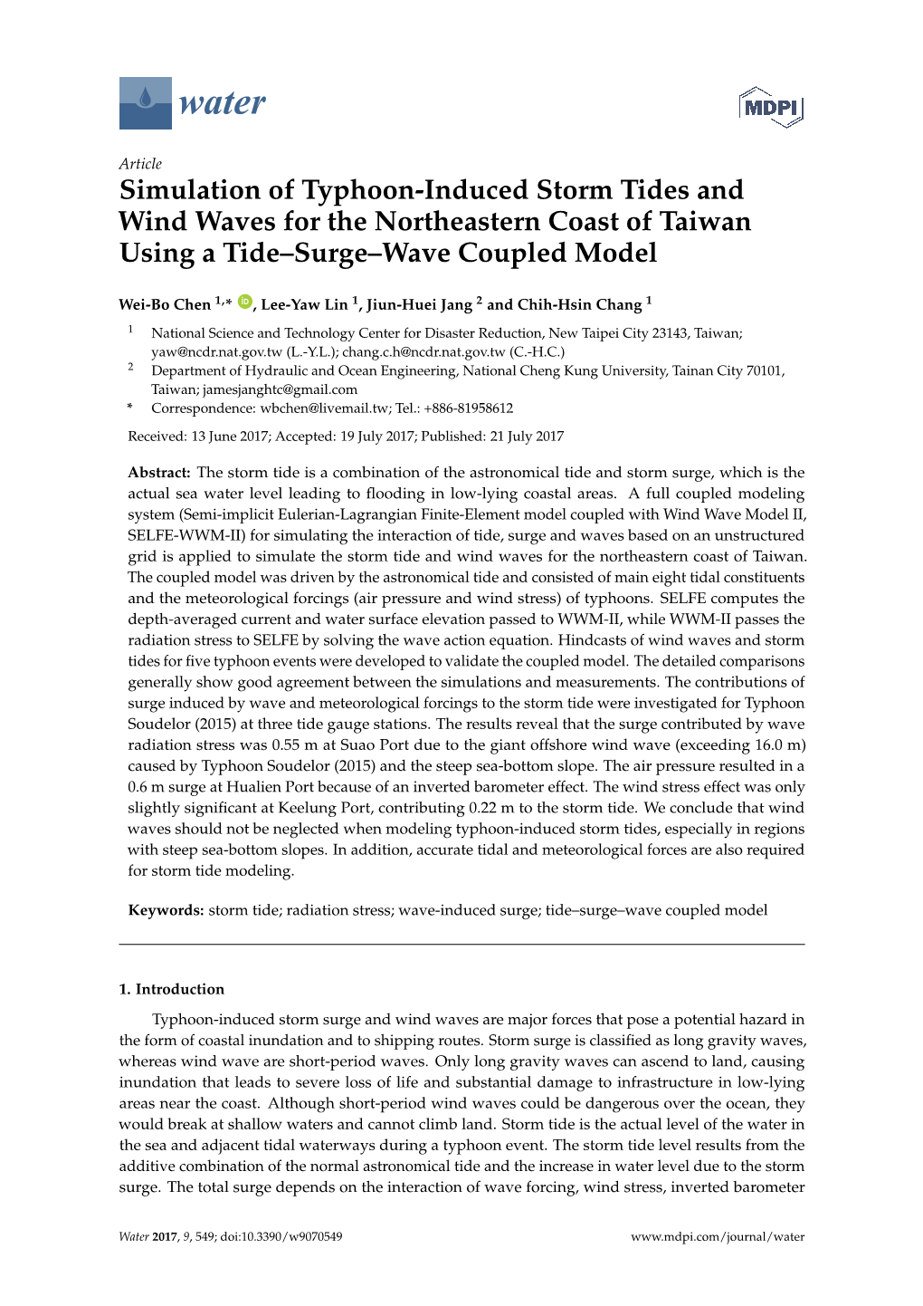 Simulation of Typhoon-Induced Storm Tides and Wind Waves for the Northeastern Coast of Taiwan Using a Tide–Surge–Wave Coupled Model