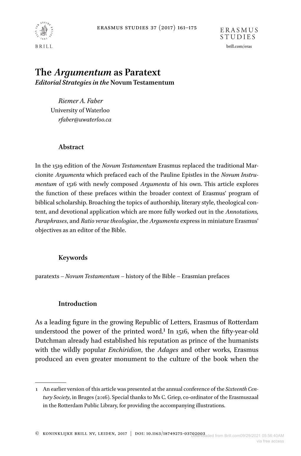 The Argumentum As Paratext Editorial Strategies in the Novum Testamentum