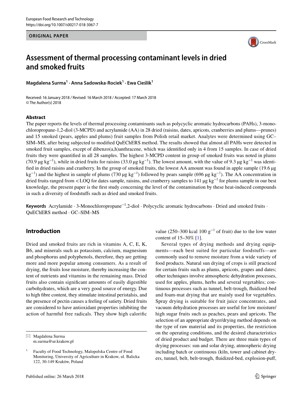 Assessment of Thermal Processing Contaminant Levels in Dried and Smoked Fruits