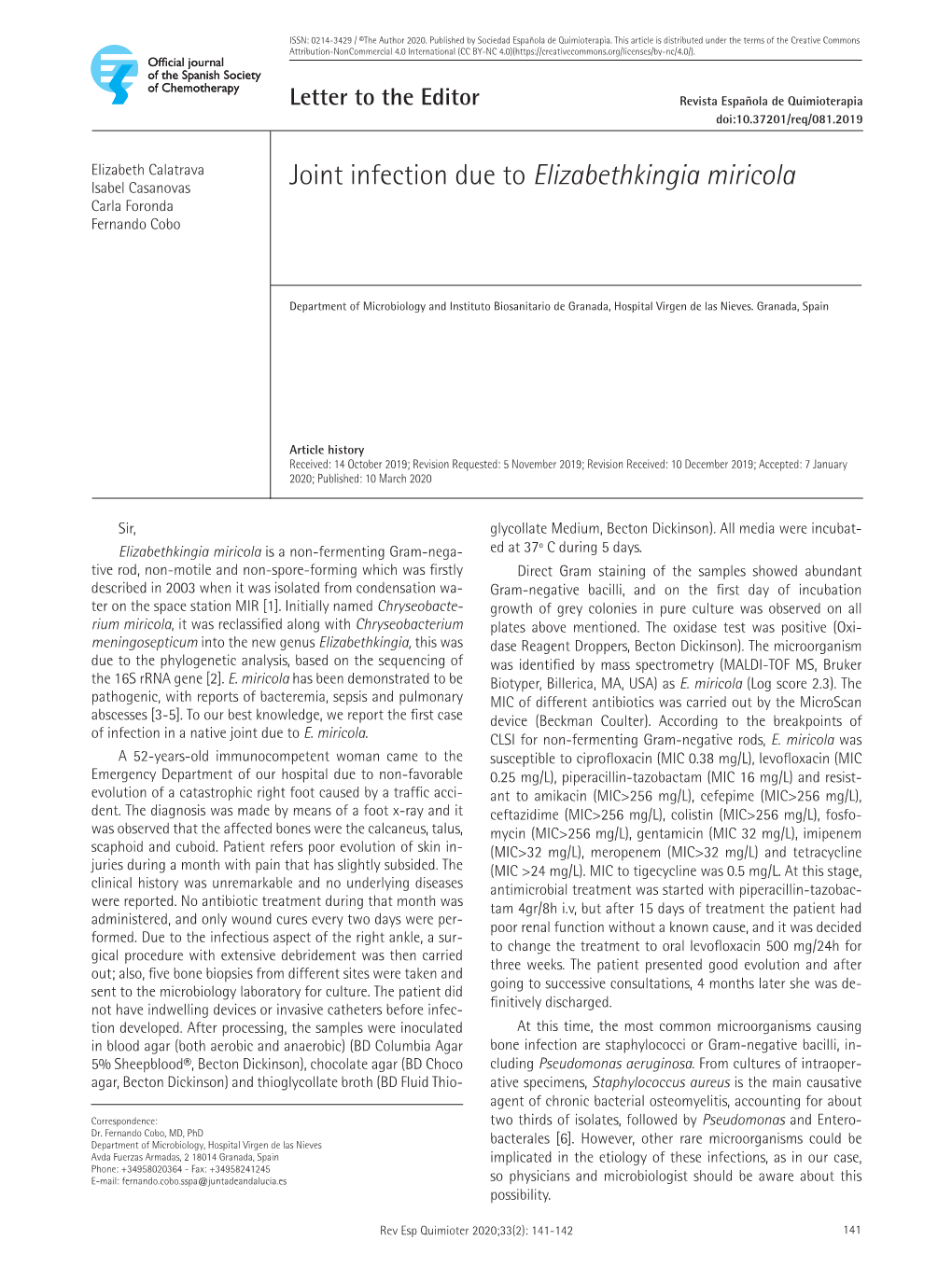 Joint Infection Due to Elizabethkingia Miricola Carla Foronda Fernando Cobo