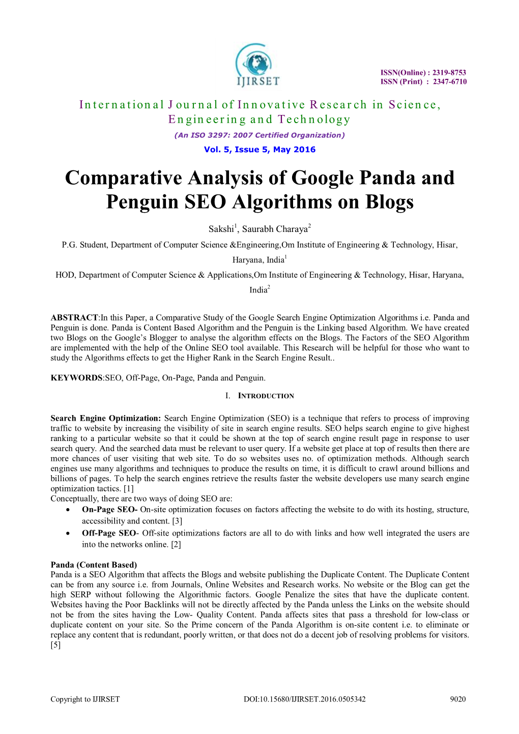 Comparative Analysis of Google Panda and Penguin SEO Algorithms on Blogs