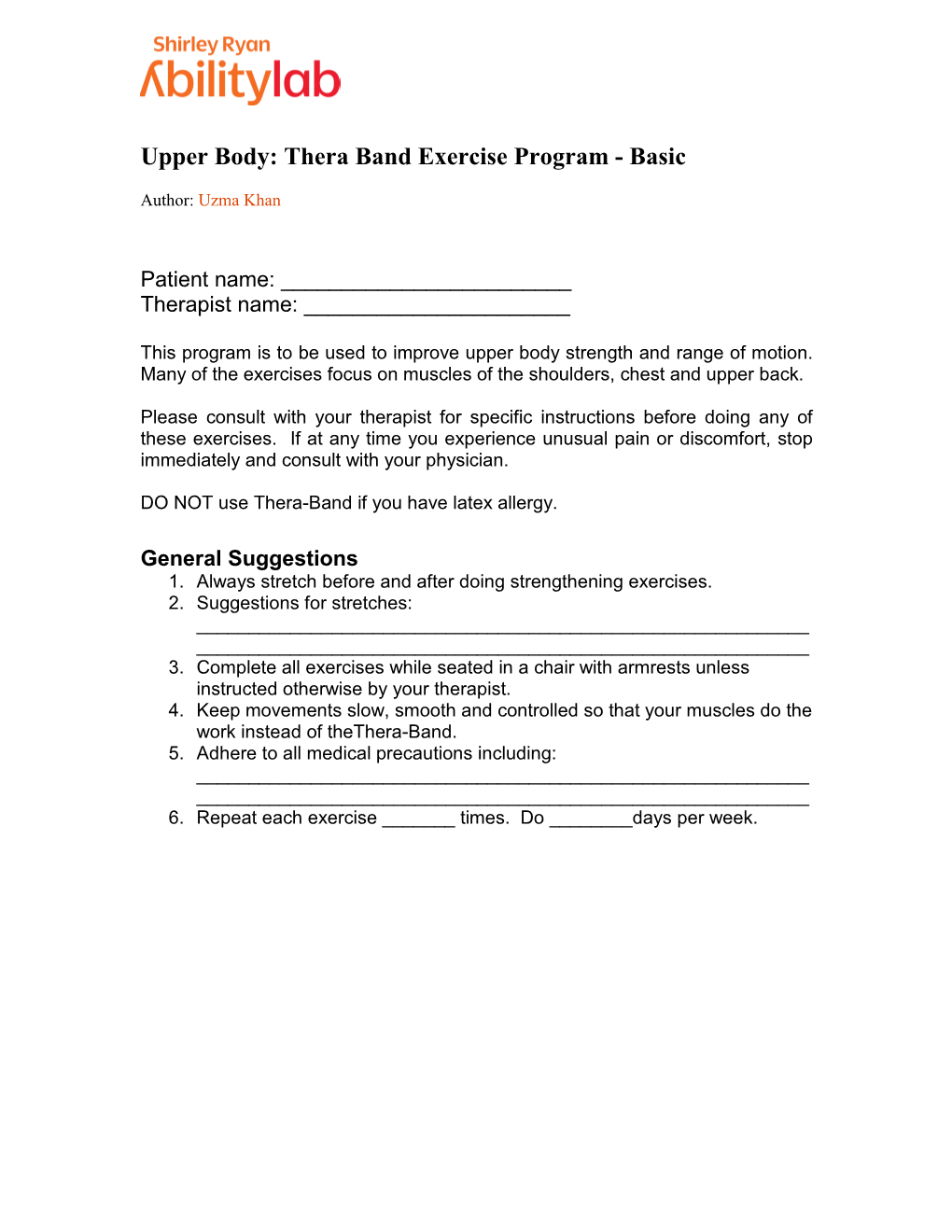 Thera Band Exercise Program - Basic