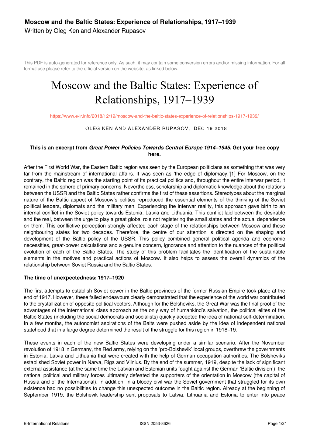 Moscow and the Baltic States: Experience of Relationships, 1917–1939 Written by Oleg Ken and Alexander Rupasov