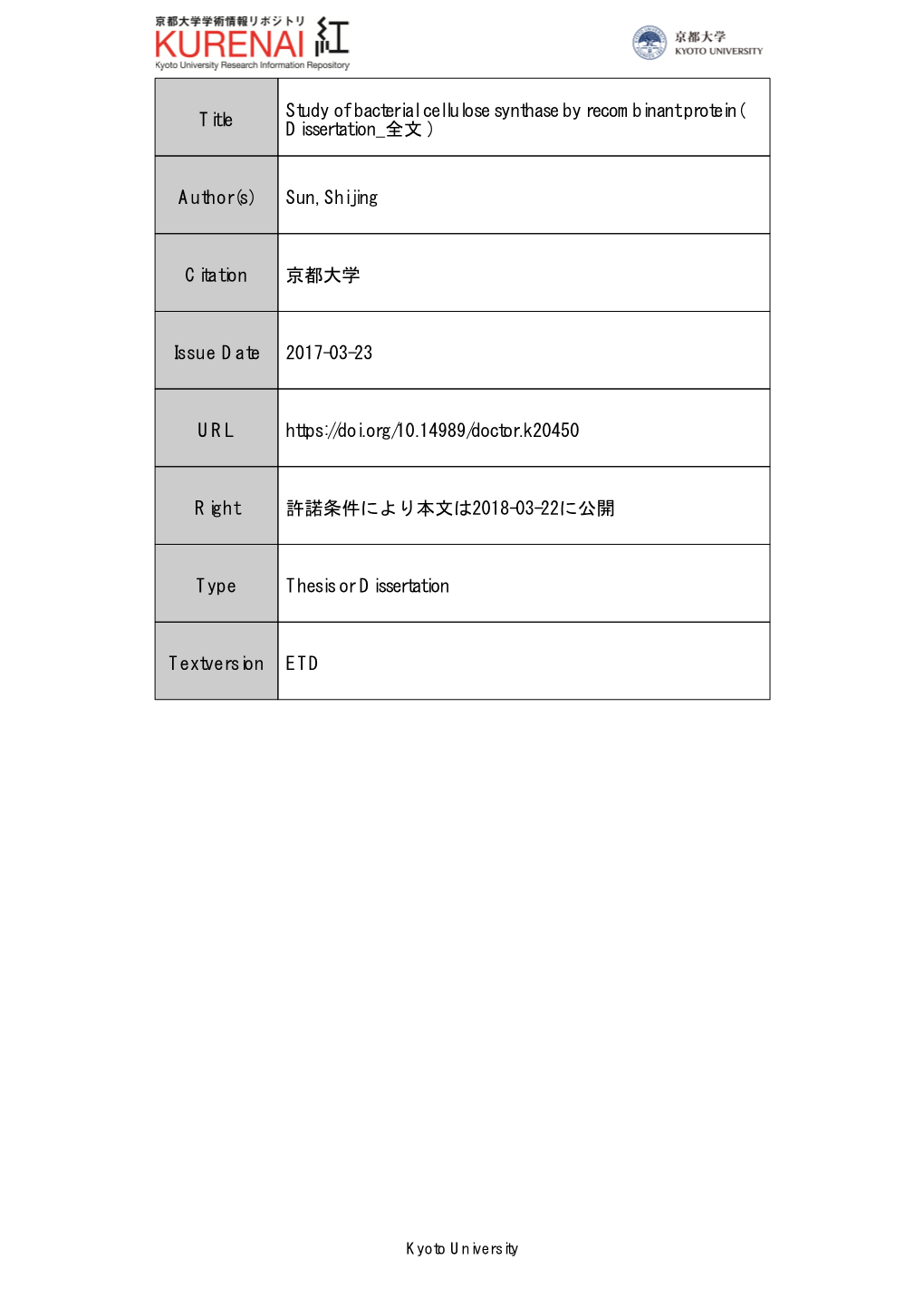 Title Study of Bacterial Cellulose Synthase by Recombinant Protein