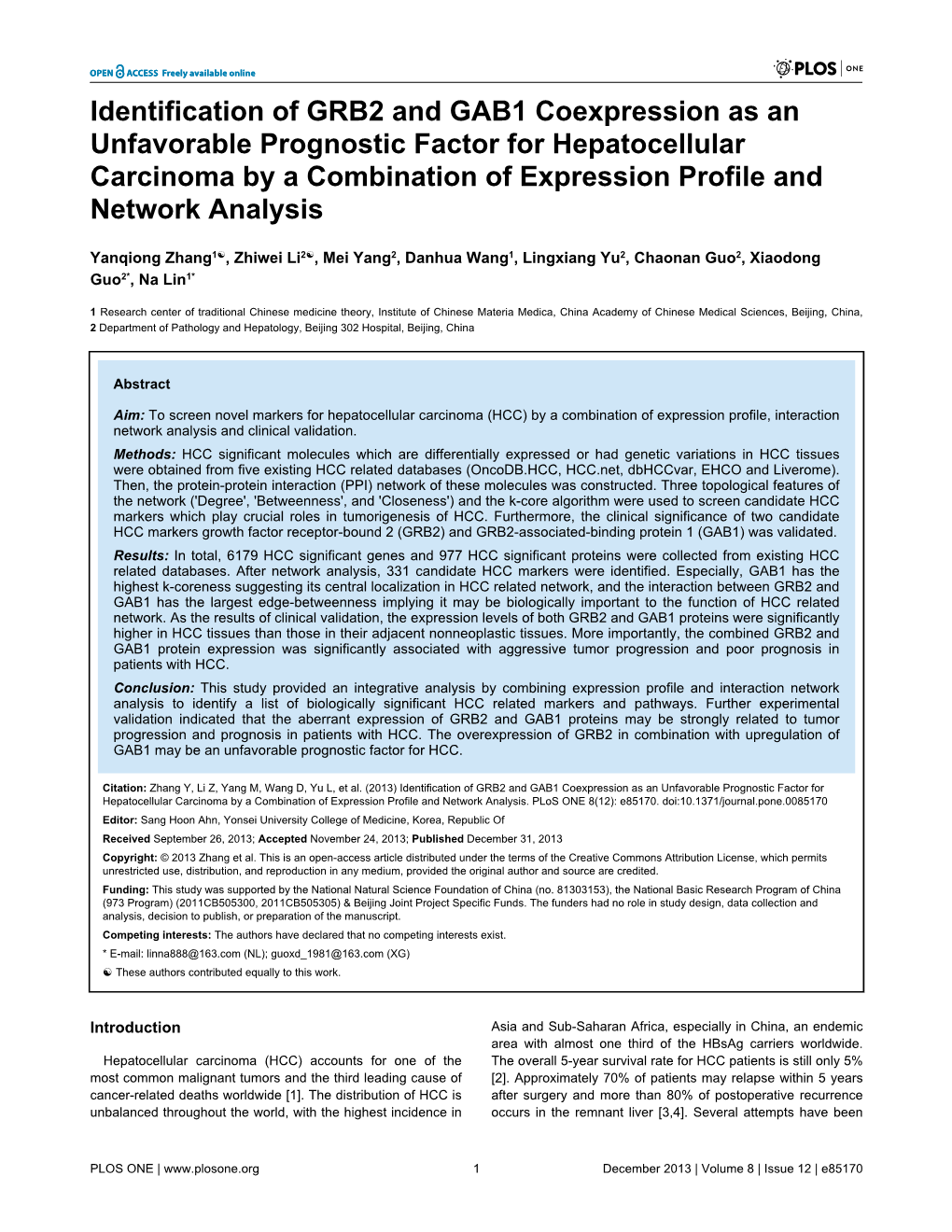 Identification of GRB2 and GAB1 Coexpression As an Unfavorable