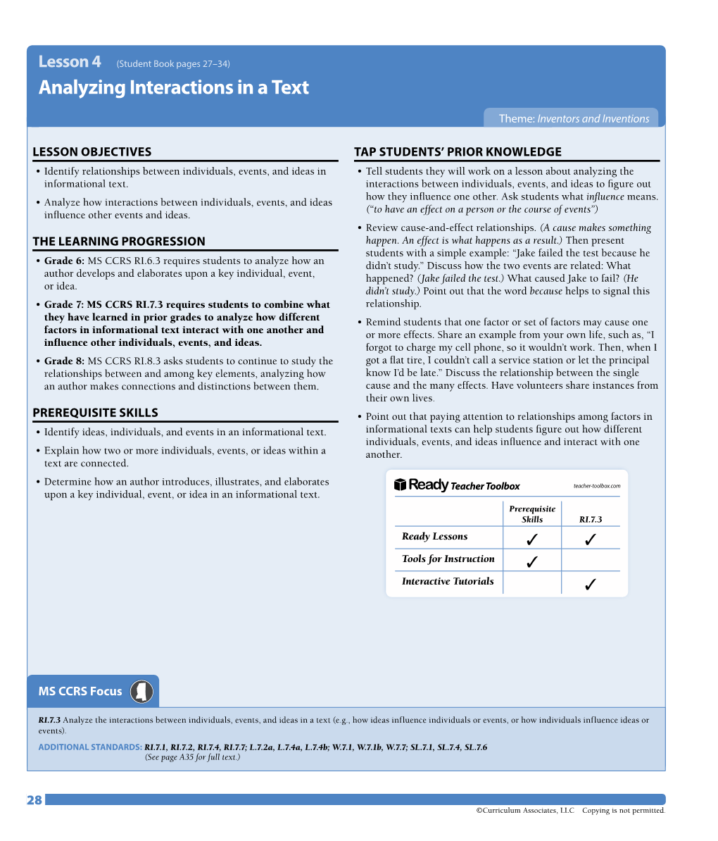 Lesson 4 (Student Book Pages 27–34) Analyzing Interactions in a Text