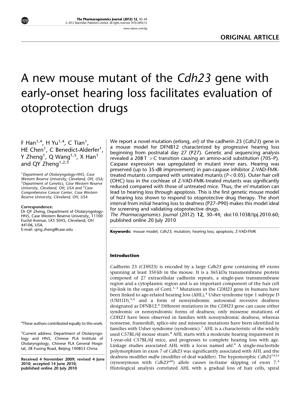 A New Mouse Mutant of the Cdh23 Gene with Early-Onset Hearing Loss Facilitates Evaluation of Otoprotection Drugs