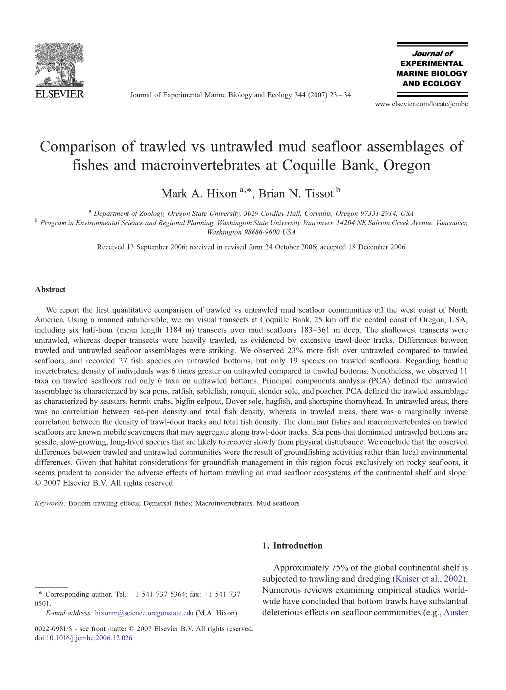 Comparison of Trawled Vs Untrawled Mud Seafloor Assemblages of Fishes and Macroinvertebrates at Coquille Bank, Oregon ⁎ Mark A