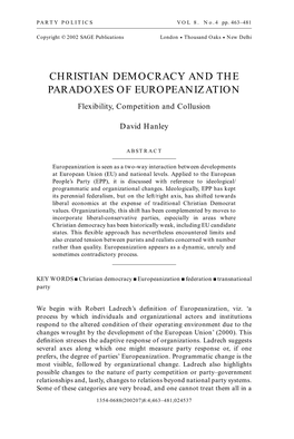 CHRISTIAN DEMOCRACY and the PARADOXES of EUROPEANIZATION Flexibility, Competition and Collusion