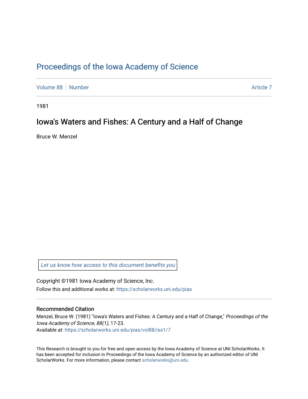 Iowa's Waters and Fishes: a Century and a Half of Change