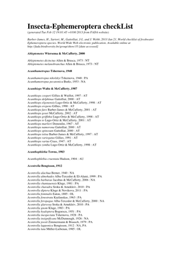Insecta-Ephemeroptera Checklist (Generated Tue Feb 12 19:01:45 +0100 2013 from FADA Website)