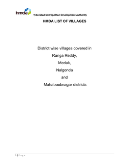 District Wise Villages Covered in Ranga Reddy, Medak, Nalgonda and Mahaboobnagar Districts