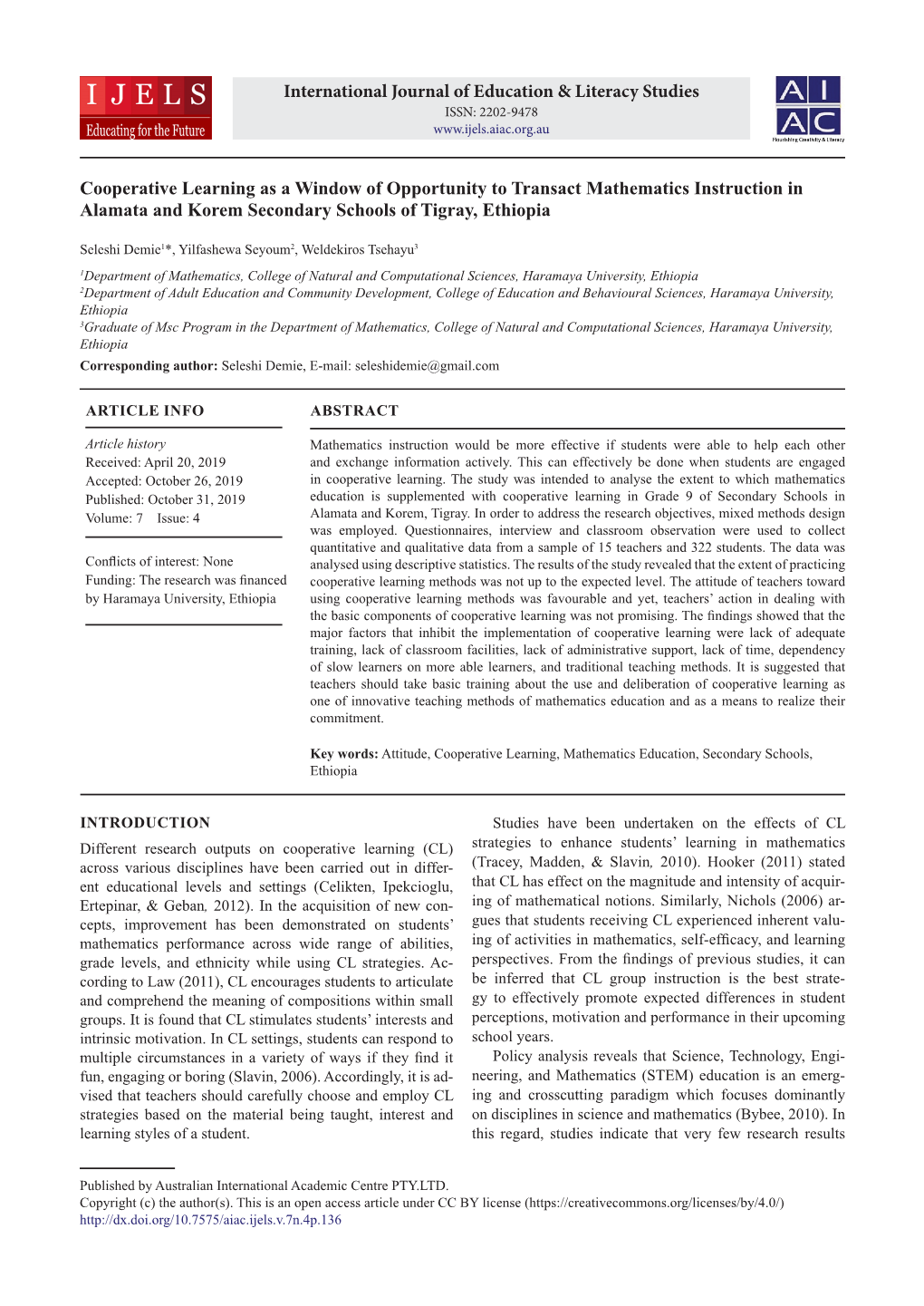 Cooperative Learning As a Window of Opportunity to Transact Mathematics Instruction in Alamata and Korem Secondary Schools of Tigray, Ethiopia