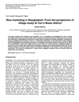 Rice Marketing in Bangladesh: from the Perspective of Village Study at Cox’S Bazar District