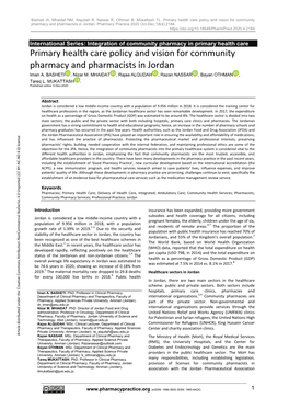 Primary Health Care Policy and Vision for Community Pharmacy and Pharmacists in Jordan