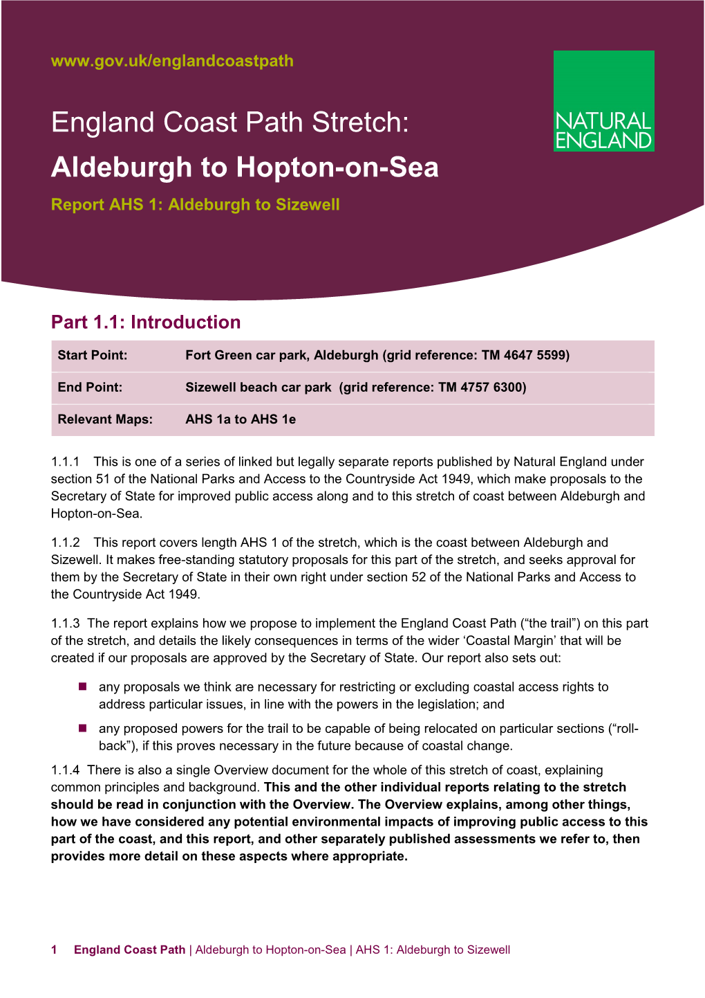 England Coast Path Stretch: Aldeburgh to Hopton-On-Sea Report AHS 1: Aldeburgh to Sizewell