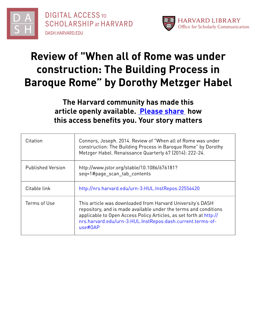 When All of Rome Was Under Construction: the Building Process in Baroque Rome” by Dorothy Metzger Habel