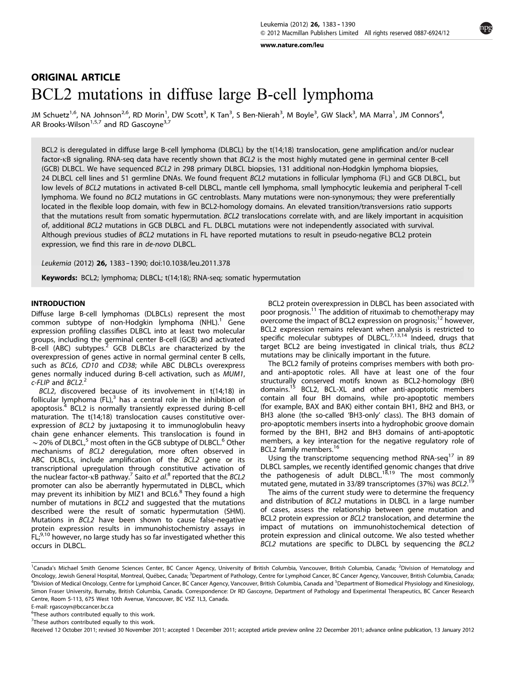 BCL2 Mutations in Diffuse Large B-Cell Lymphoma