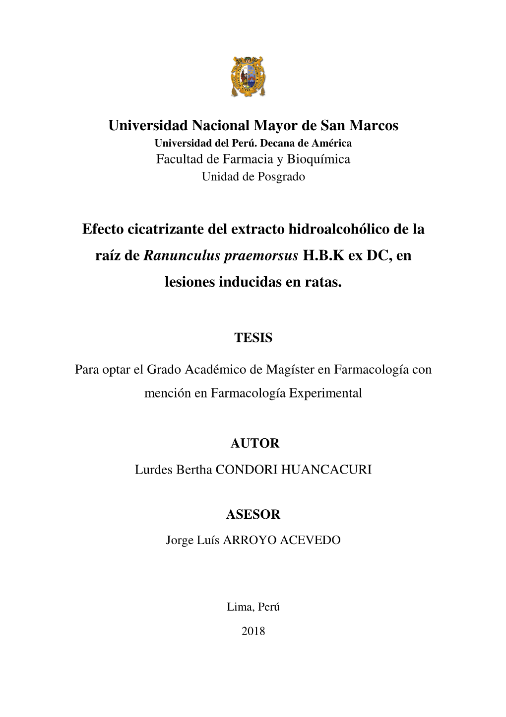 Universidad Nacional Mayor De San Marcos Efecto Cicatrizante Del