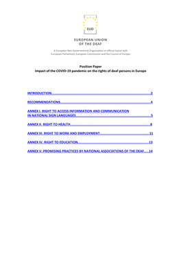 Position Paper Impact of the COVID-19 Pandemic on the Rights of Deaf Persons in Europe