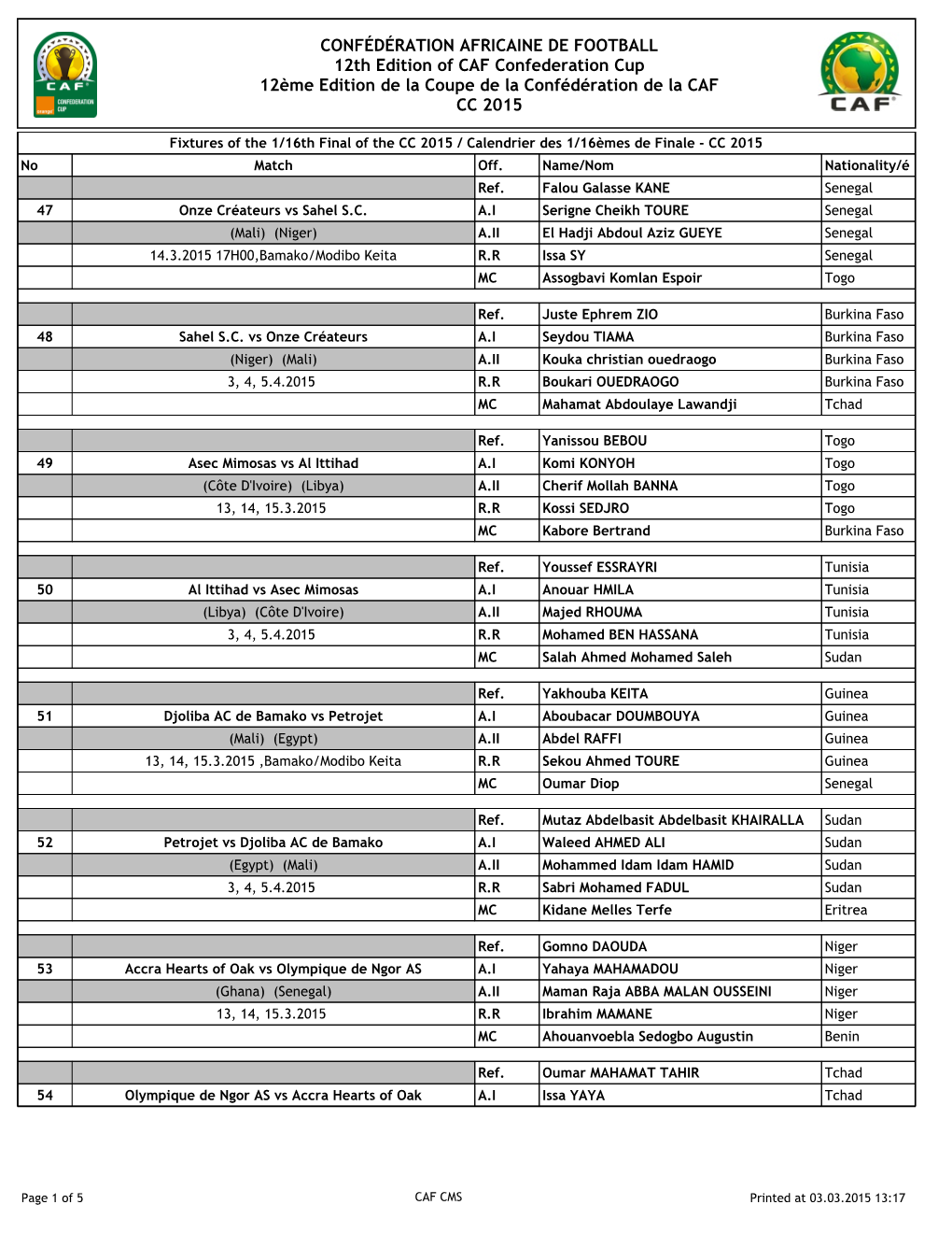 CONFÉDÉRATION AFRICAINE DE FOOTBALL 12Th Edition of CAF Confederation Cup 12Ème Edition De La Coupe De La Confédération De La CAF CC 2015