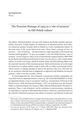 The Prussian Homage of 1525 As a 'Site of Memory' in Old-Polish Culture1